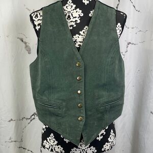 Braetan Green Suede Vintage Vest Brass Covered Snap Up Front Back Buckle Strap